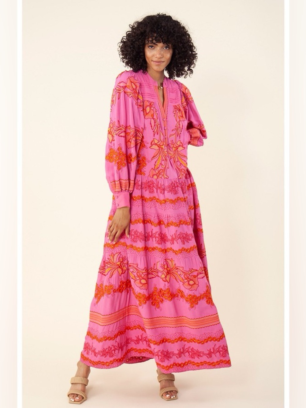 Hale Bob Rosa Janina Embroidered Maxi Dress Pink Boho Floral Size Medium Rare